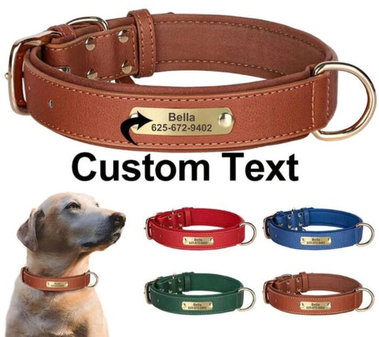 Personalized Leather Dog Collar – Custom Laser Engraved, Soft Padded & Anti-Rust Hardware