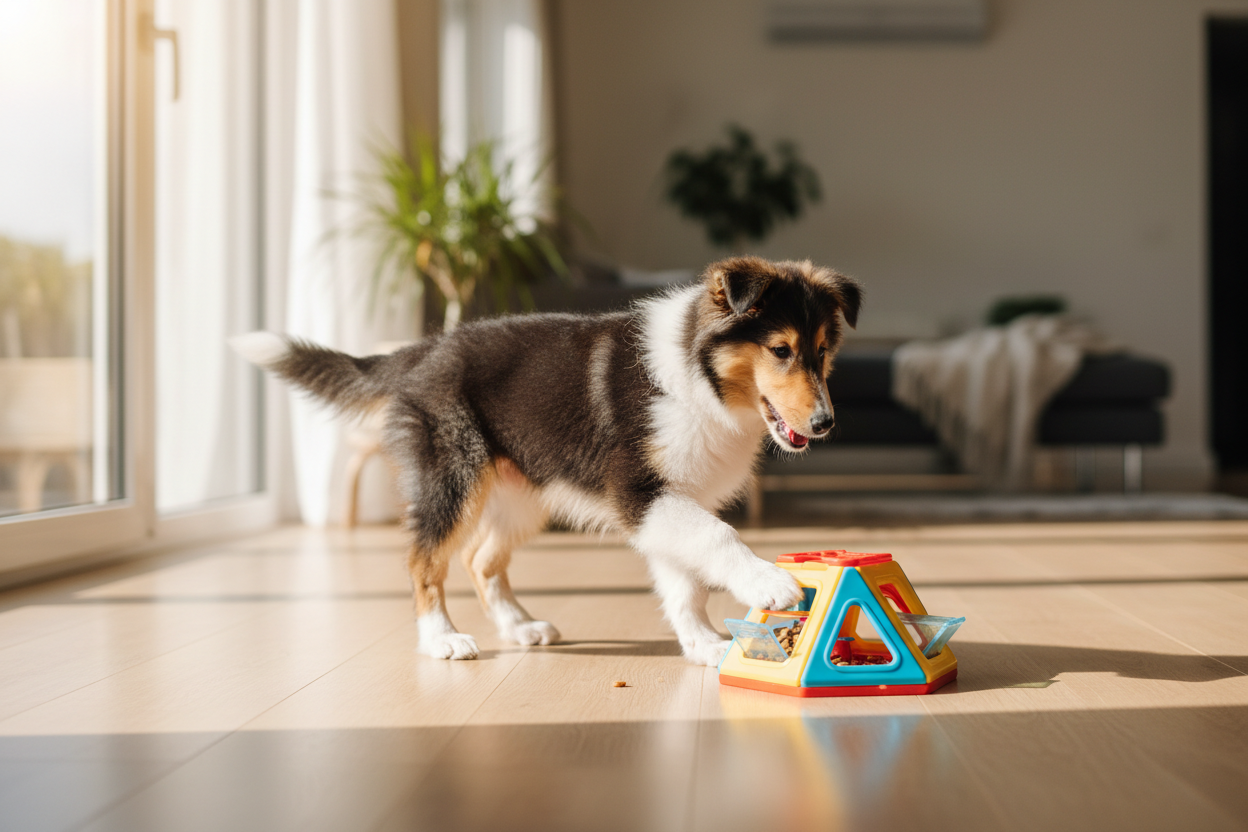 a puppy playing with interactive dog toy