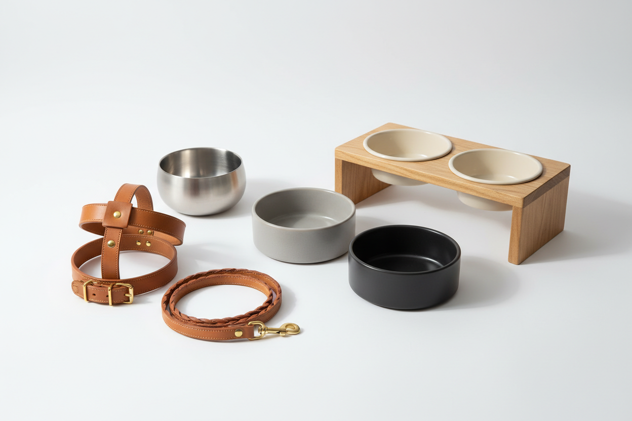 dog accessories like modern ceramic bowls, harnesses, etc